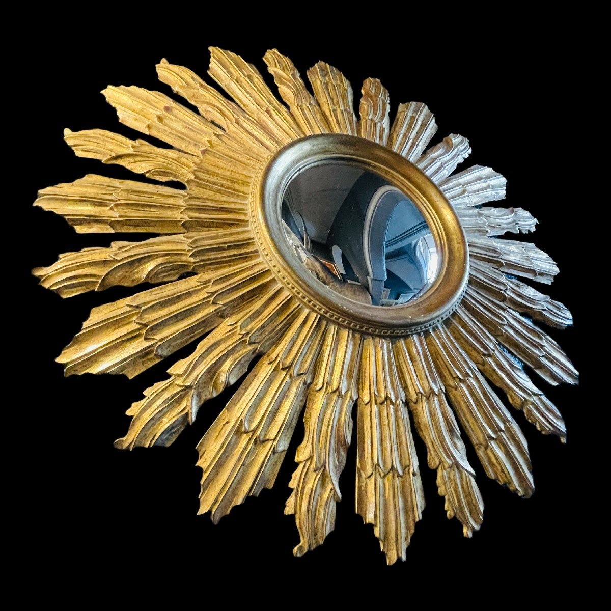 Miroir De Sorcière, Applique Murale Soleil (70 Cm), Bois Sculpté Doré, Ca 1950